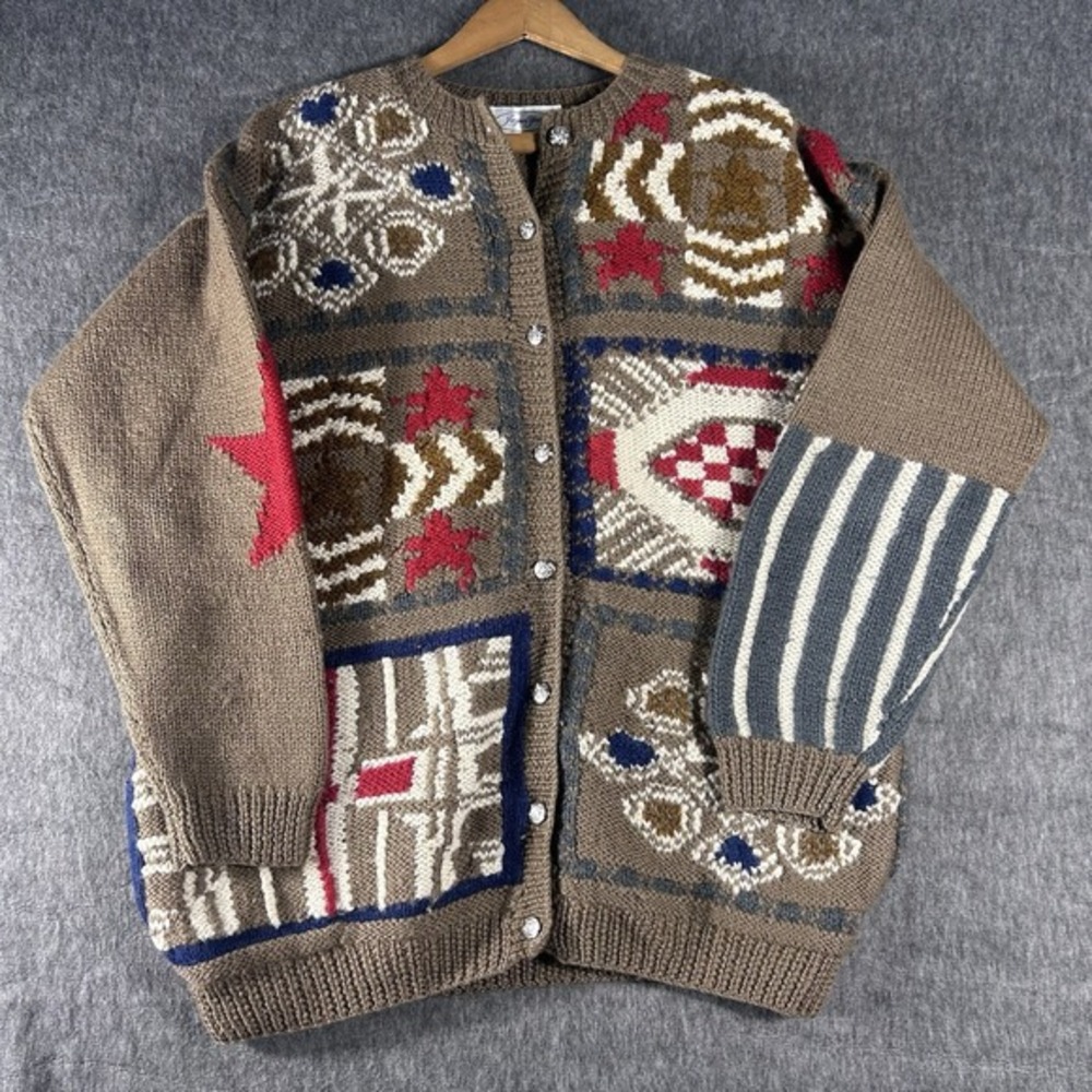 Vintage Jayson Younger‎ 100% Wool Button Up Sweater Aztec Star Stripes Boho SZ L